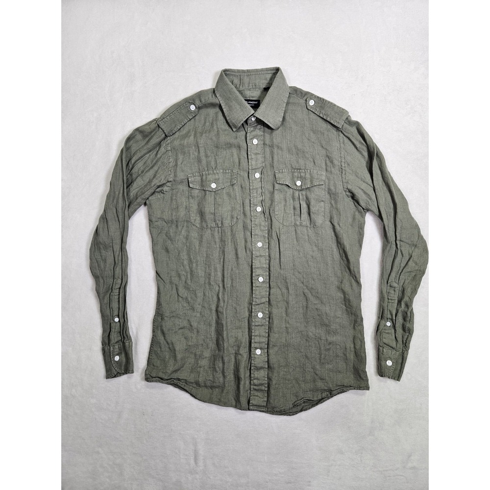 Spier & Mackay Shirt Men's 15.5 Olive Green Slim Linen Long Sleeve Button Up